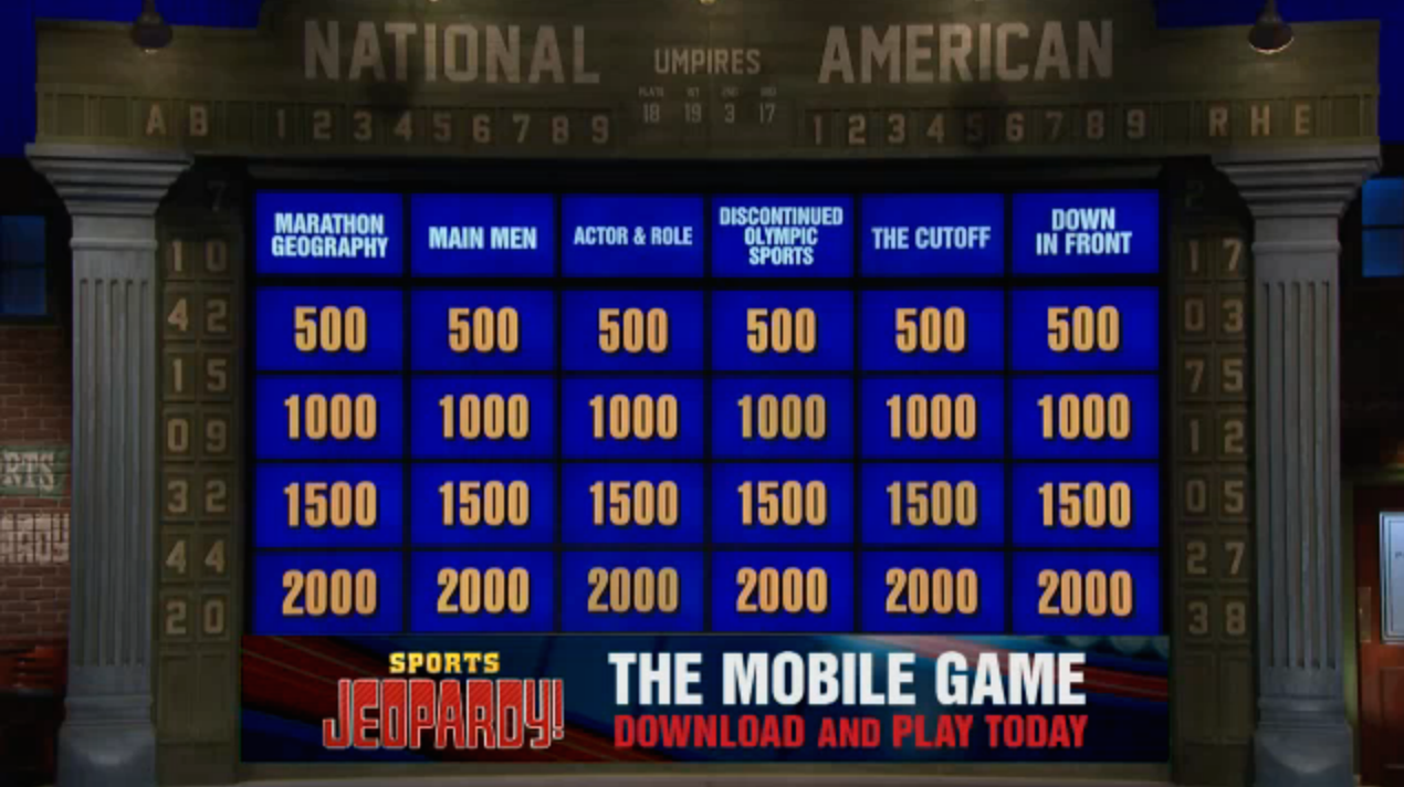 Sports jeopardy game board