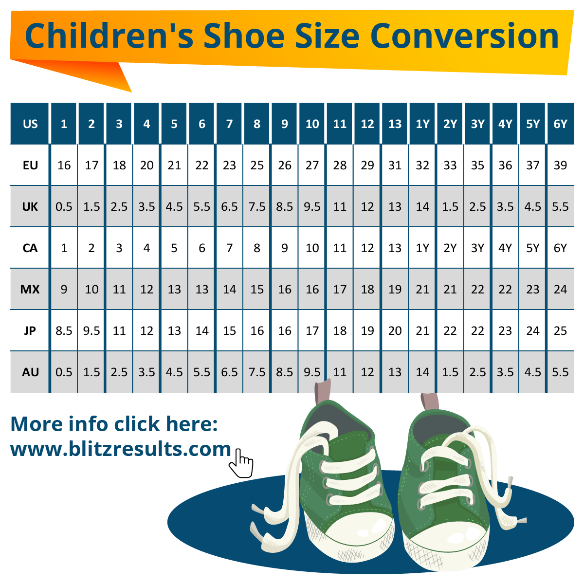 Kids shoe size chart