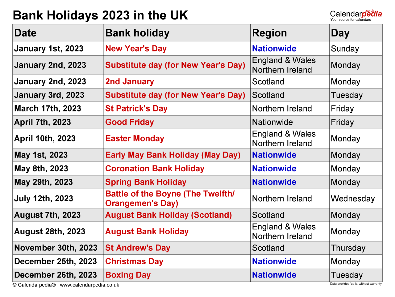 Bank holidays 2023